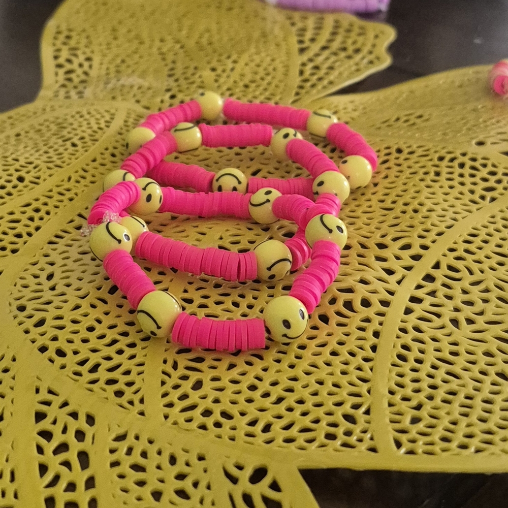 Pink and Yellow Smiley Face Beaded Bracelet